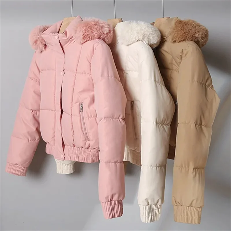 Female Fleece Warm Bread Jacket Student Coat Outerwear Women Winter Jacket Solid Hooded Fur Collar Short Cotton Padded Jacket