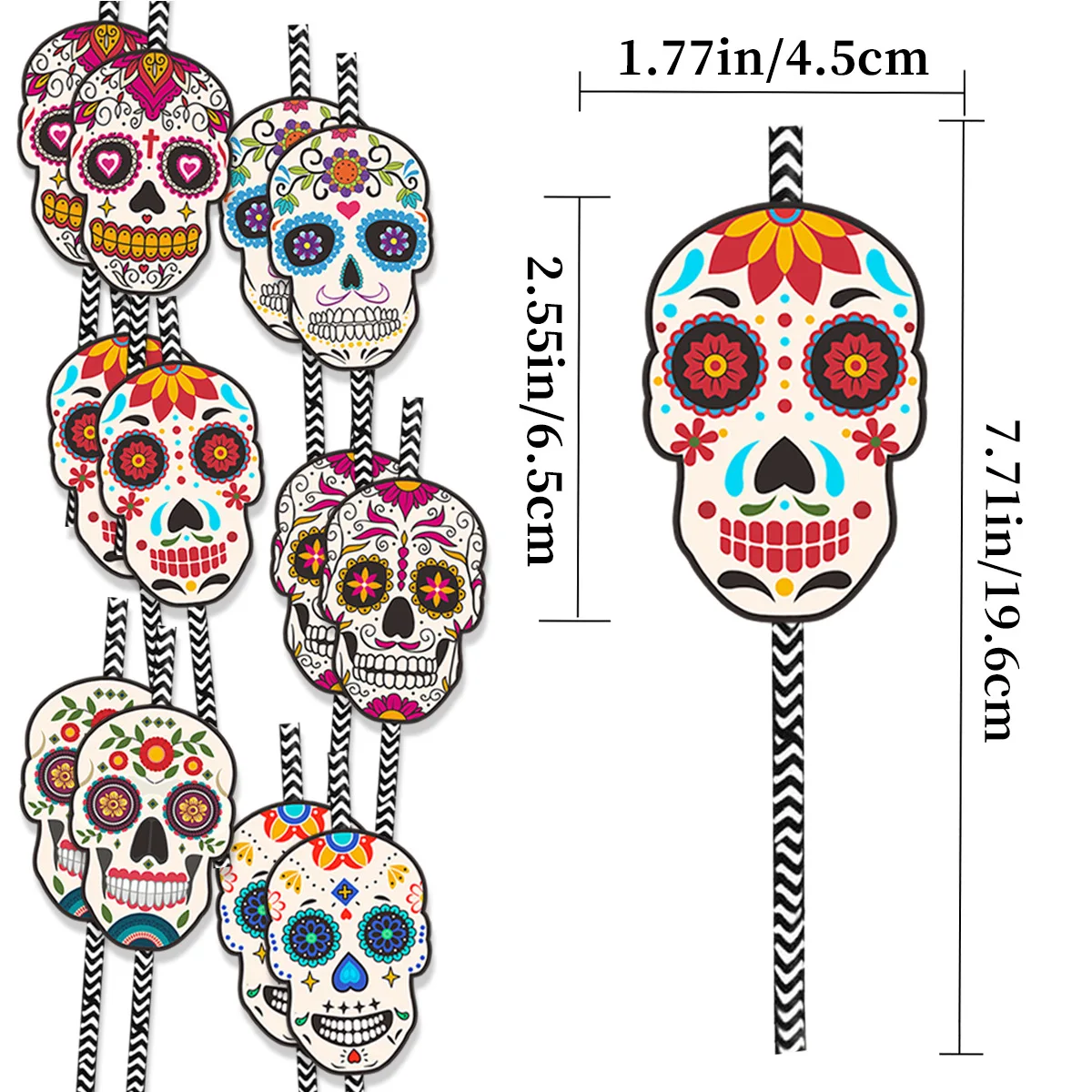 24Pcs Skull Disposable Paper Drinking Cocktail Juice Wine Straw Tableware for Mexican Day of The Dead Halloween Party Decoration