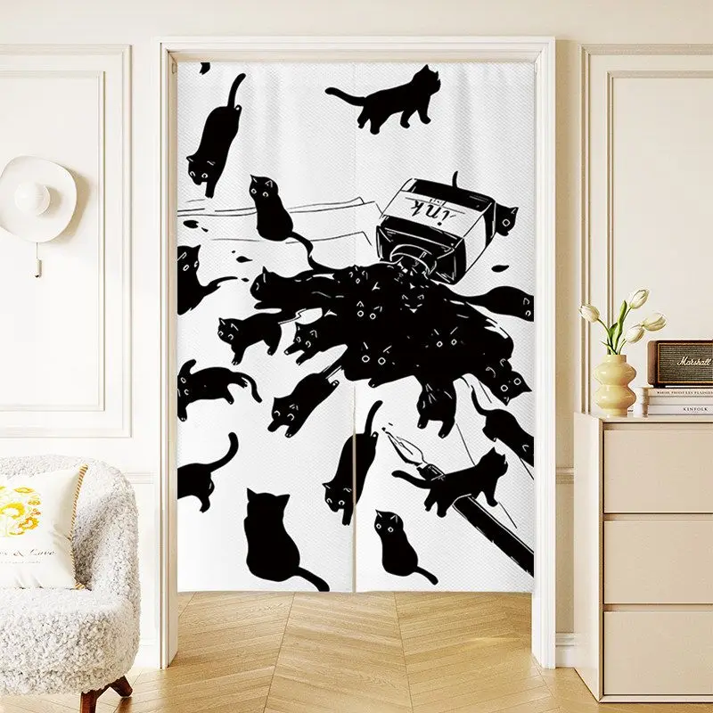 VIKAMA Cute Pet Cat Door Curtain Cartoon Cat Dog Print Half Curtain Room Divider Kitchen Bedroom Bathroom Living Room Home