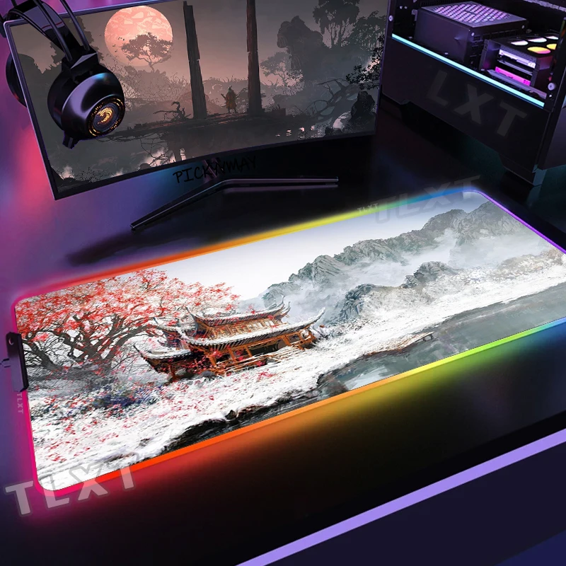Landscape Backlight Gaming Mousepad Desk Rug RGB Gamer Mousepads Mouse Pad LED Non-Slip Rubber Mouse Mats Ink Keyboard Mat