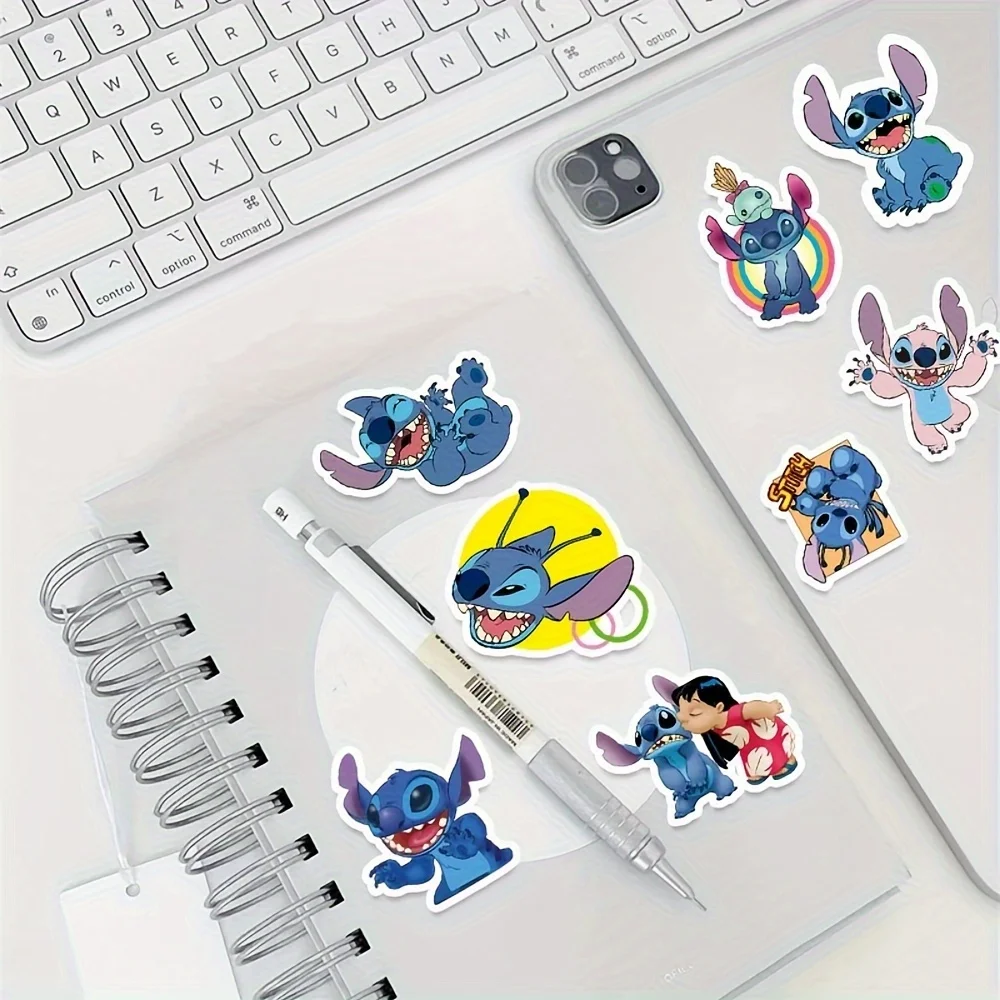 50개 디즈니 귀여운 스티치 스티커, 만화 장식, 노트북, 여행 가방, 휴대폰 및 물병에 적합