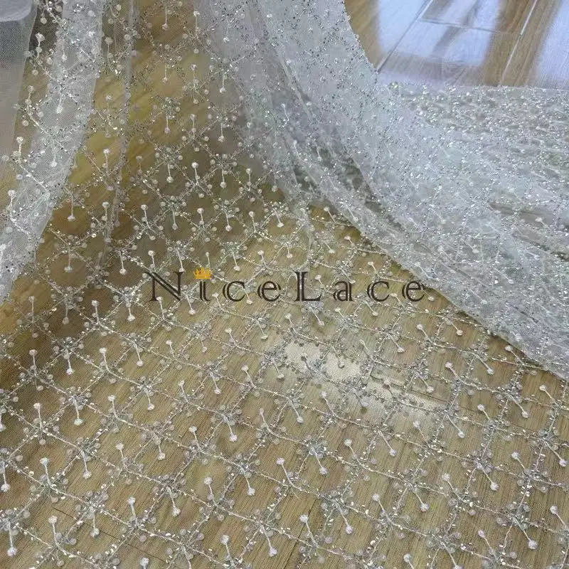 

Кружевная ткань Nicelace, 1 ярд, высокого качества, с вышивкой бисером и мягким тюлем, для свадебных платьев и нарядов невесты