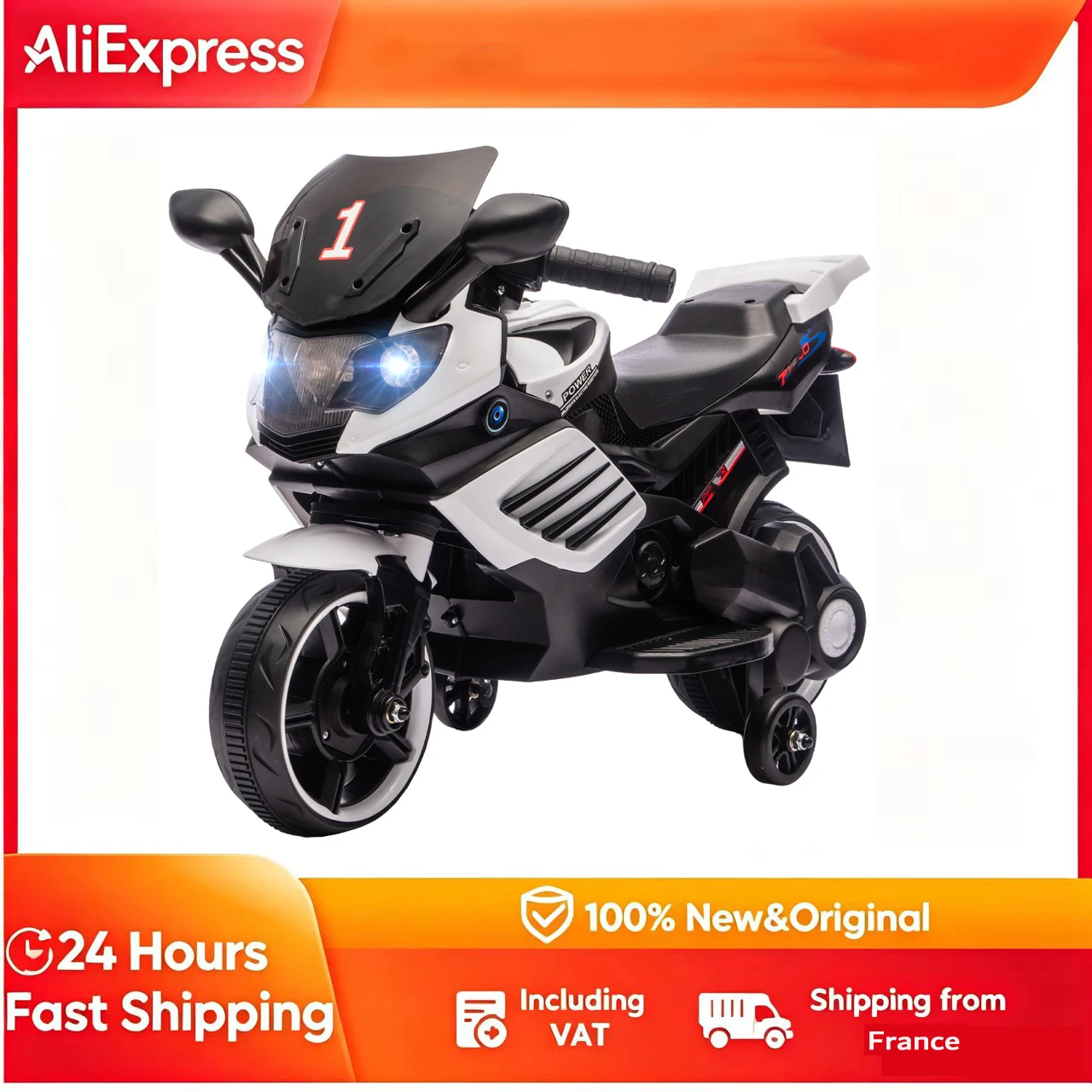 Moto eléctrica infantil, 6V, moto eléctrica infantil, con ruedas auxiliares, efectos de luz y sonido, color blanco, moto eléctrica de juguete, moto, montar en moto