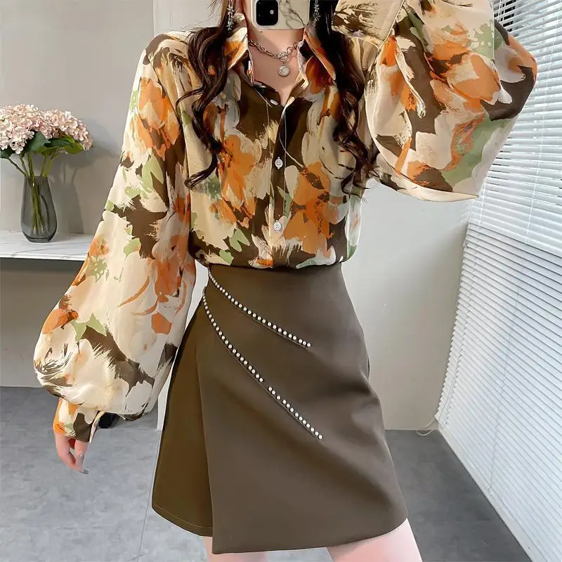 Floral Chiffon Shirt Women Niche Summer 2024 New Flip Collar Long Sleeve Tops Loose Sunscreen Clothing Printing All-match Shirt