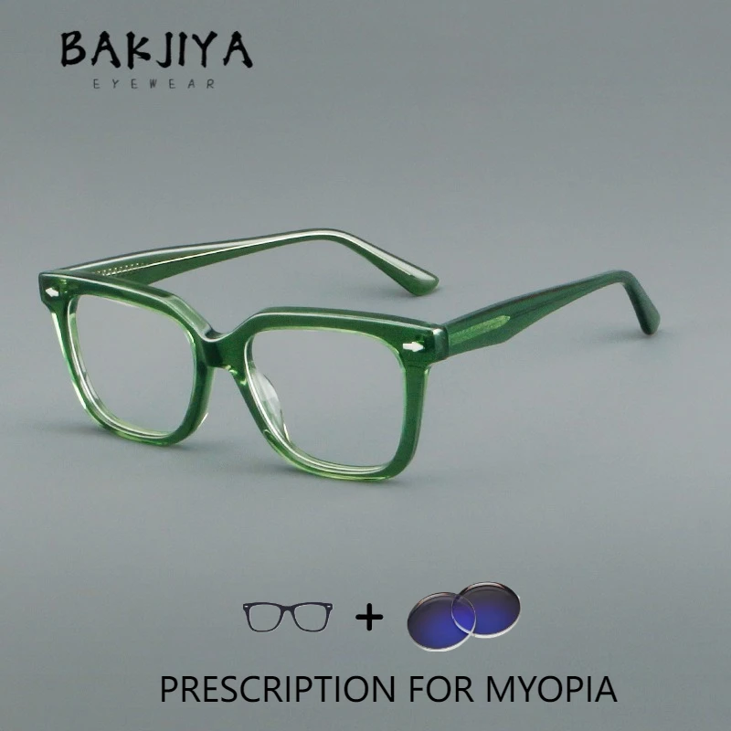 

Vintage Clear Green Square Frame Japanese Handmade Acetate Myopia Prescription Glasses Designer Men and Women Reading Glasses