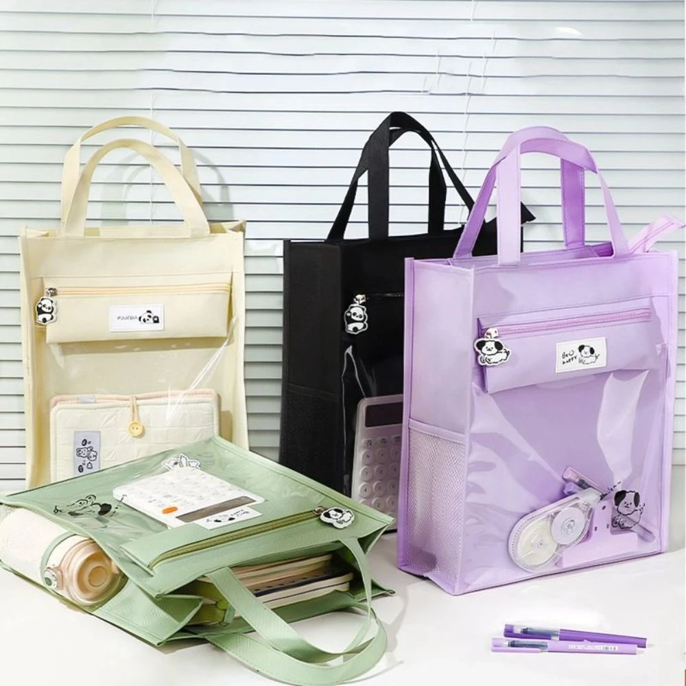 Panda Dog Cartoon Tote Bag Transparent Multiple Pockets Student Tutorial Bag Oxford Cloth Large Capacity Shoulder Handbag