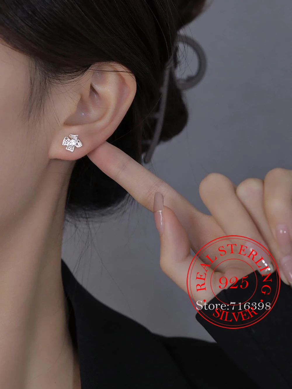 Original 925 Sterling Silver Hollow Bowknot Stud Earrings for Women Children Silver 925 Piercing Jewelry Women's Earring Sleeper