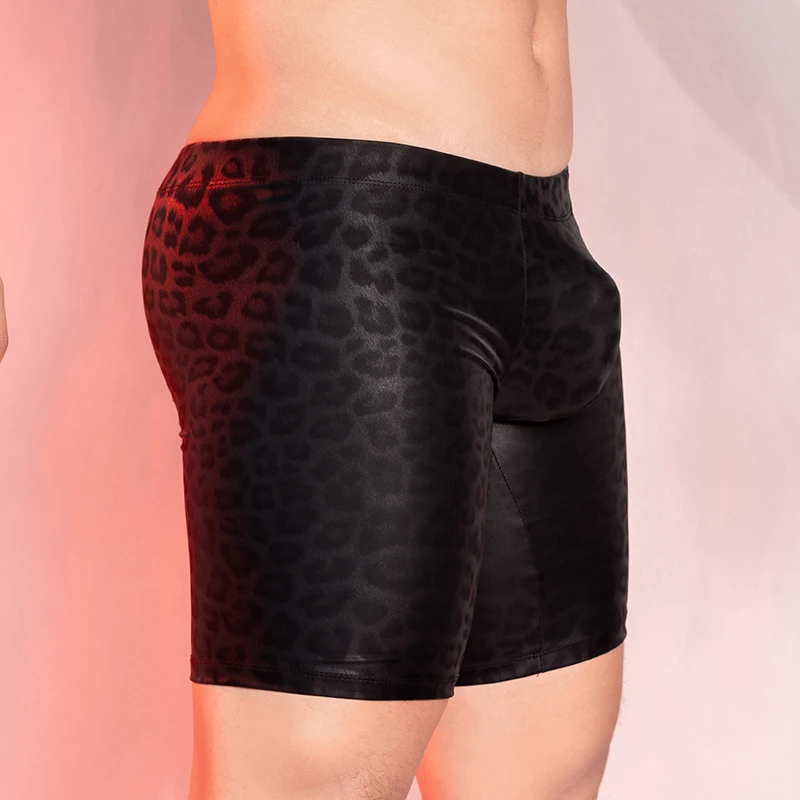 PU Faux Leather Knee Length Pants Low Rise Elastic Tight Print Shorts Boxers SM Men\'s Passion Underwear Outdoors Underpants