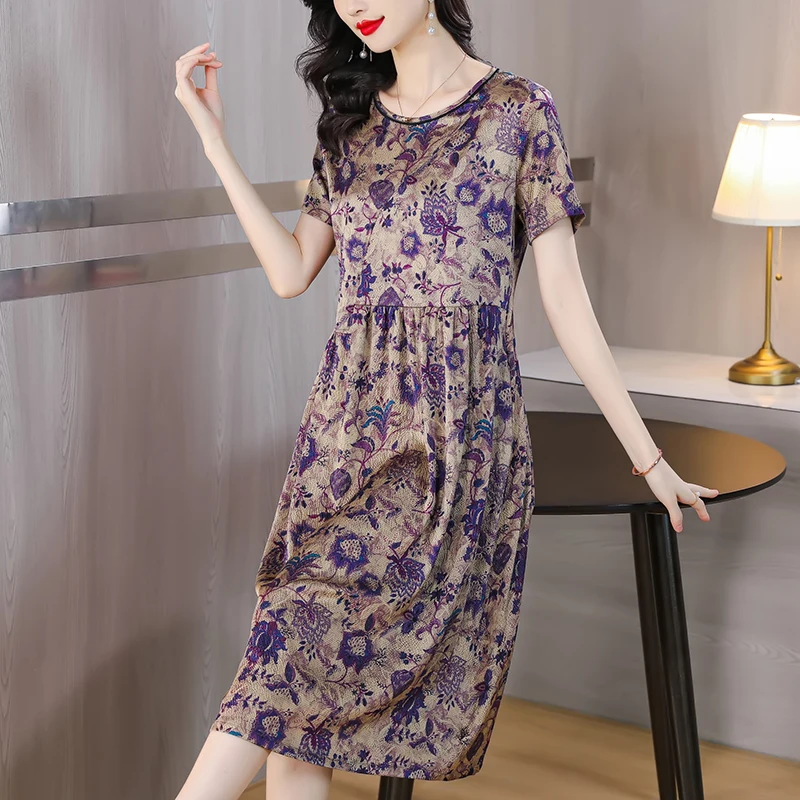 

Summer New Fashion Silk Printed Dress For Women 2023 High Grade Silkworm Round Neck Loose Fit Casual Holiday Dress Vestidos