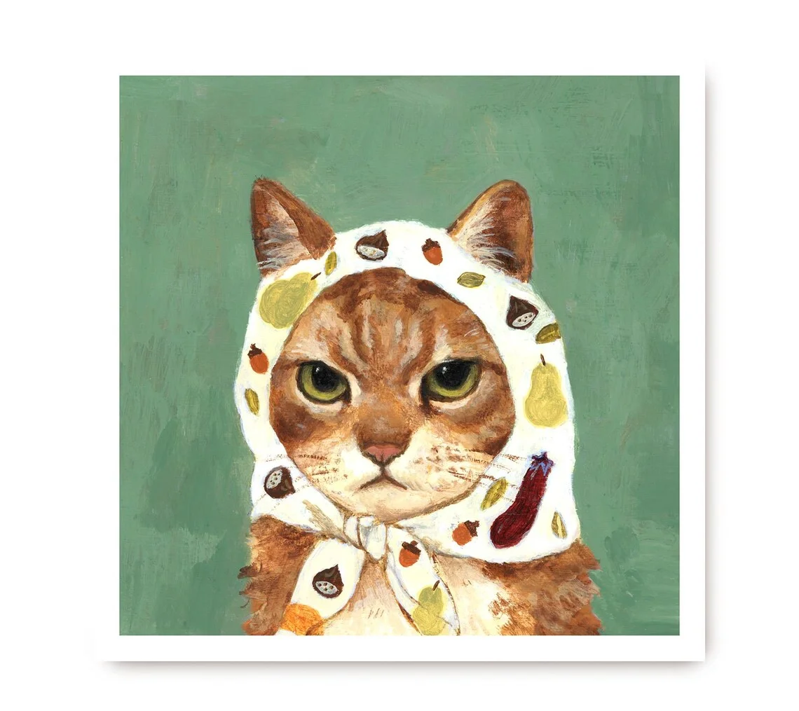 Vintage-Katzen-Mütze mit Fruchtdruck, Wandkunst-Druck-Dekoration – skurriles rustikales Tierporträt, ein bezauberndes Statement-Stück für gemütliche K