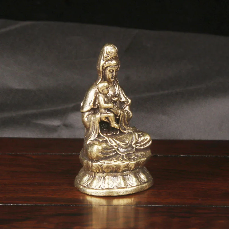 Vintage Pure Brass Fertility Guanyin Statue Desktop Ornament Copper Craft Antique Collectible Home Decor Figurine Gift