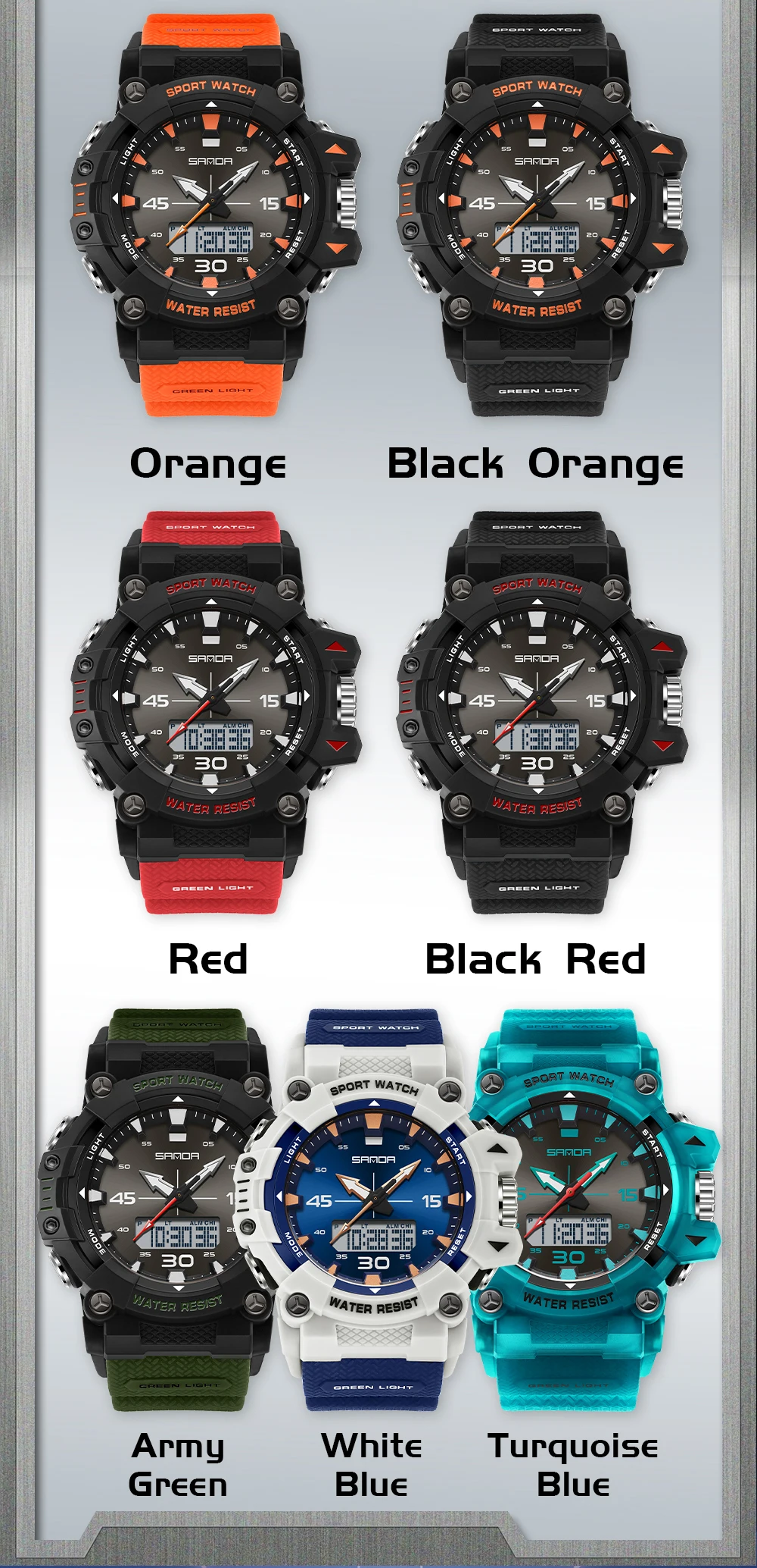 SANDA جديد 6291 ساعة إلكترونية رياضية للطلاب متعددة الوظائف مقاومة للماء توقيت ساعة إلكترونية للطلاب