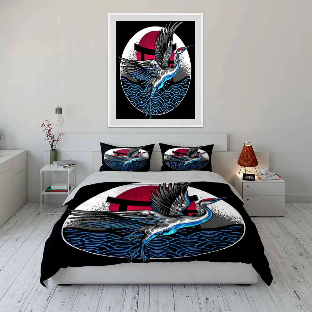

Japanese Crane Decor Set Bedding Set with 1 Duvet Cover 2 Pillowcases Single Double King Queen, Gift