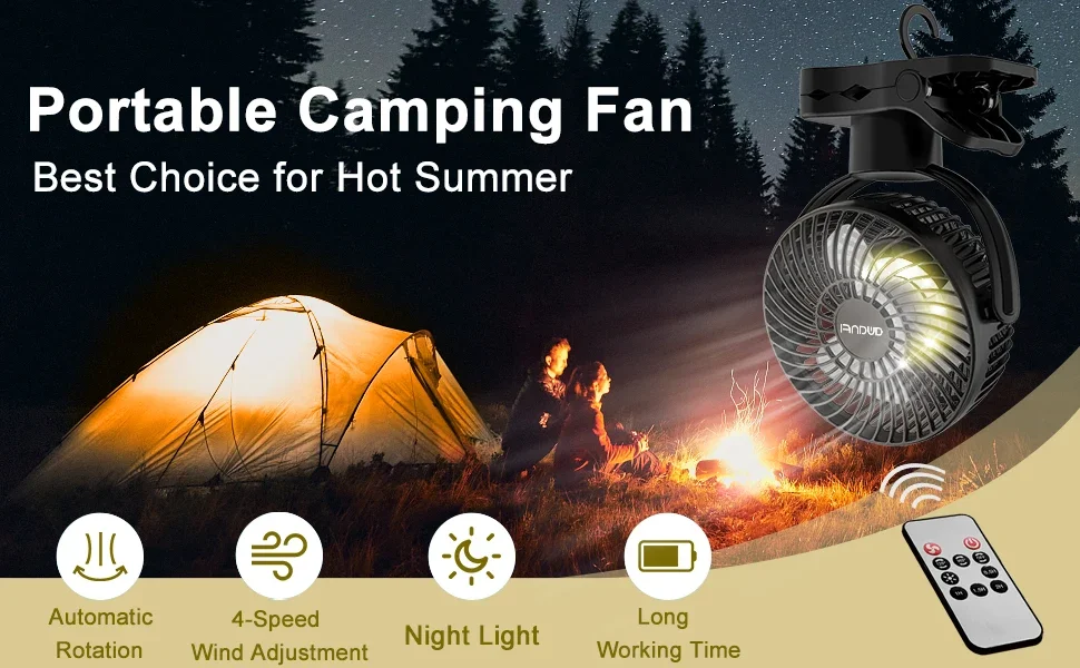 Portable camping fan with rechargeable 10000mAh battery, three-speed, 360° rotation, with hook for remote control