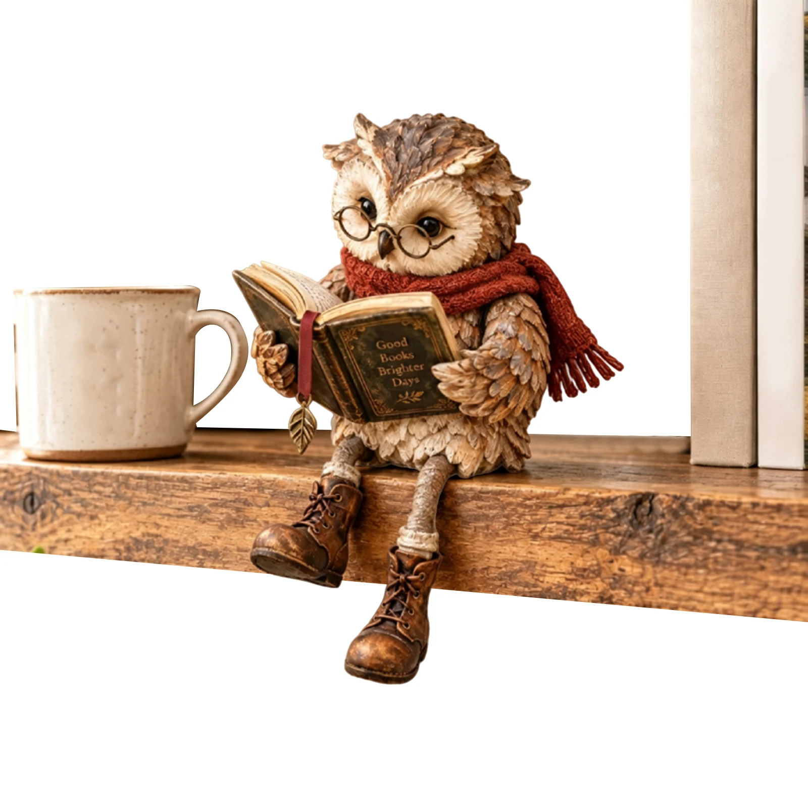 Resin Owl Reading Figurine Vintage Forest Style Desk Ornament Shelf Sitter Decor Gift
