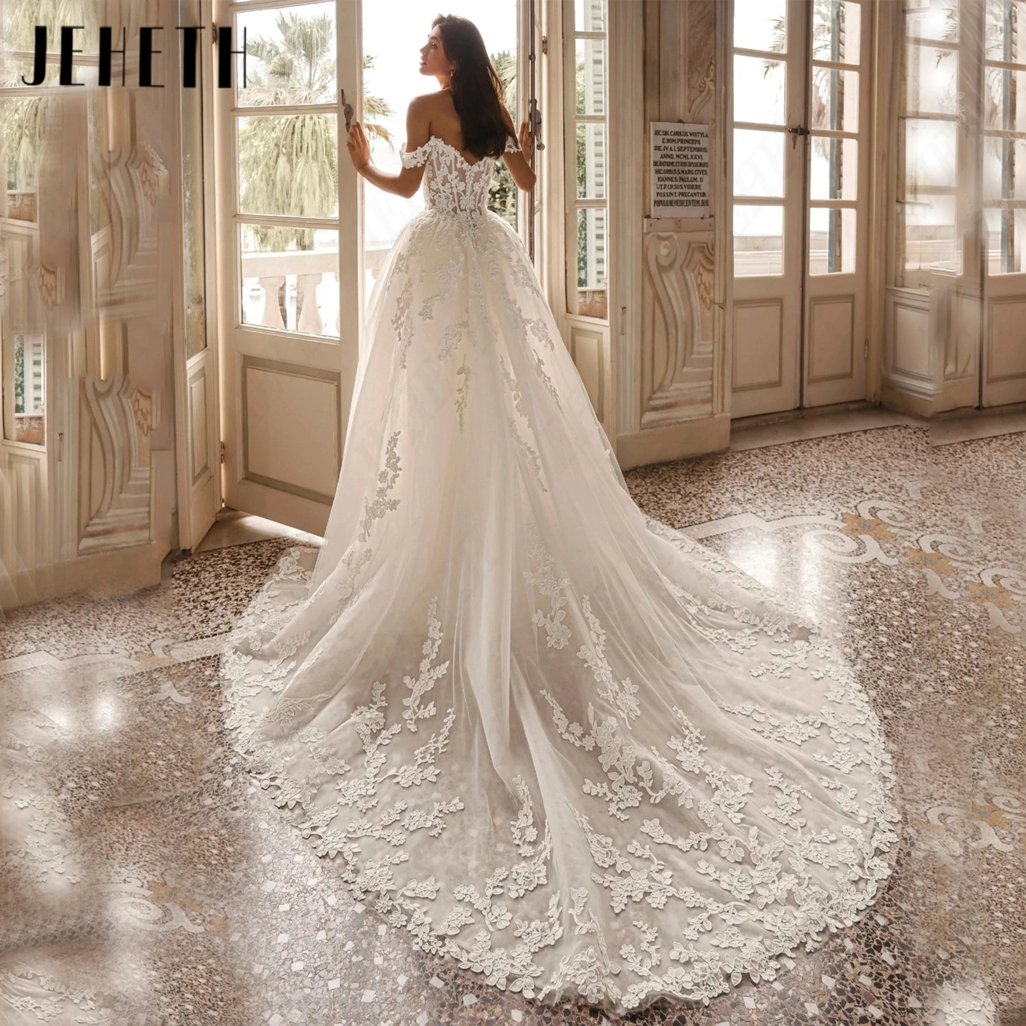 JEHETH Sweetheart A‑Line Wedding Dress Off‑shoulder Sleeveless Bride Dresses Custom Made Basque Tulle Bridal Gowns Court Train
