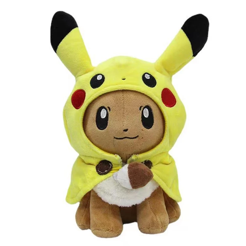 Pikachu Cosplay Eevee pluszowy Pokemon wypchane lalki Eevee Dressing Cloak Cos Pikachu pluszaki Kawaii zabawki hobby piękny prezent dla dzieci