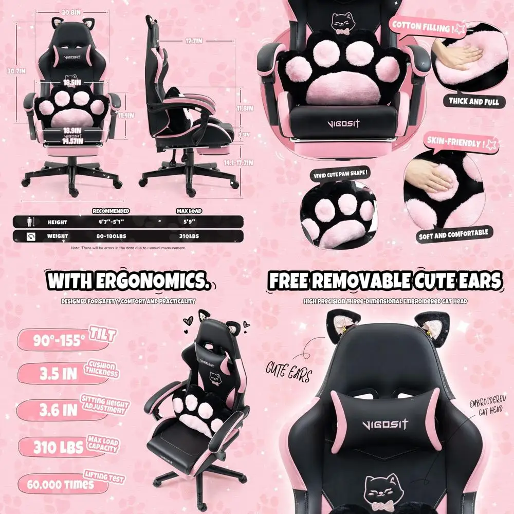 Ergonomic Gaming Chair with Footrest, Cute Cat Ear Design, Comfortable Desk Chair for Women, Ideal for Gamers and Office Use