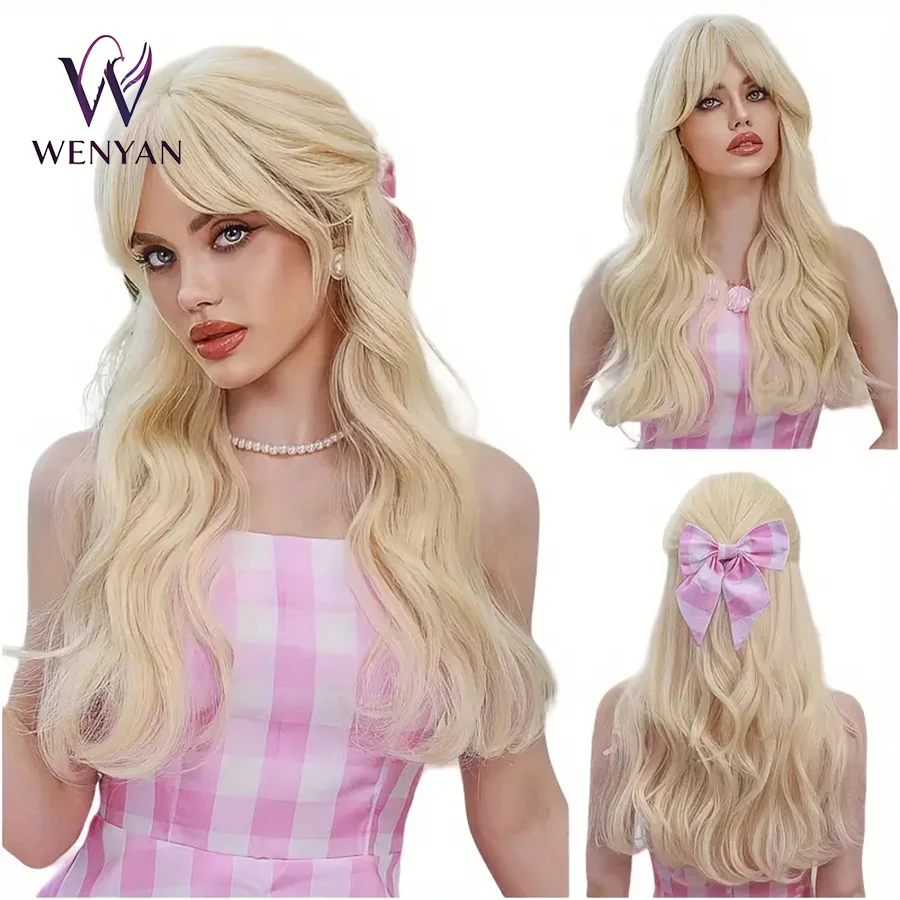 

24inch Long Blonde Wig with Curtain Bangs Wavy for Women Synthetic Layered Wig Natural Looking Heat Resistant Fiber for Daily