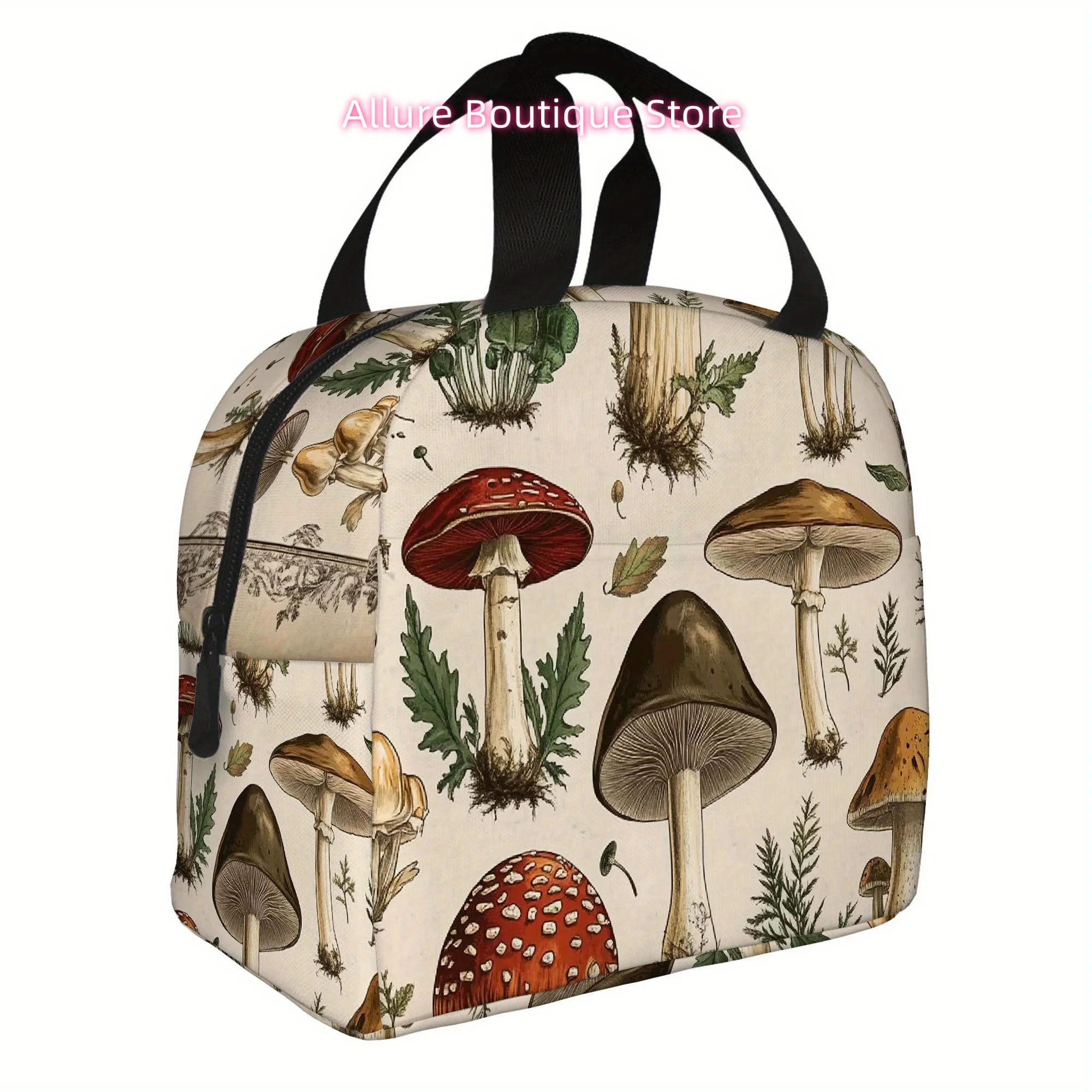 1pc Mushroom-Themed Insulated Lunch Bag with Black Handles – Reusable, Non-Food Contact, Perfect for Home, Office, or Restaurant