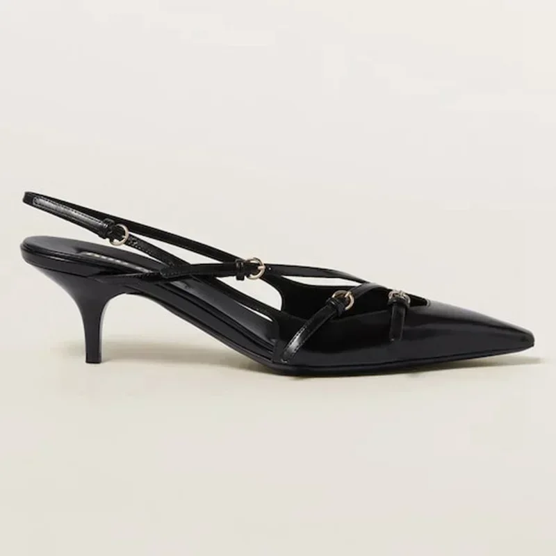 Triple Buckle Sling Back Women Summer Sandals for Women Office Small Square Head High Heels Pointed-toe Back Loop High Heels - Image 6