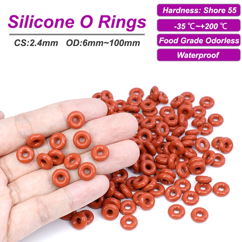 10/50pcs Food Grade Silicone O Ring Red Thickness CS 2.4mm OD 6mm ~ 100mm Waterproof Washer Round Ring VMQ Seal Gasket