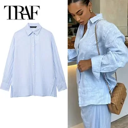 TRAF 2024 Blue Linen Shirt For Women Long Oversize Shirts Woman Fashion Long Sleeve Blouses Summer Loose Women's Casual Shirt