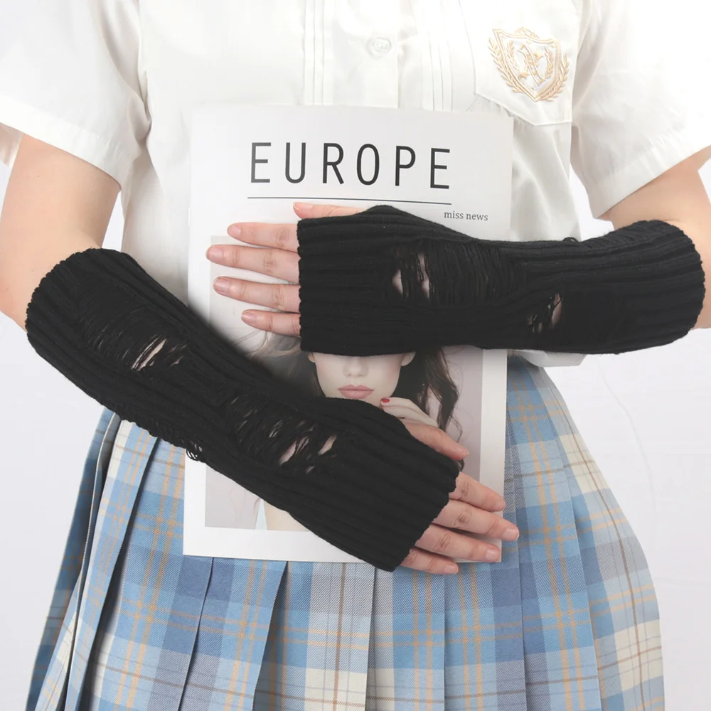 1 Pair White Black Gothic Punk Ripped Arm Warmers Fingerless Cuff Knit Gloves Winter Harajuku women Knitted Stretch Mittens