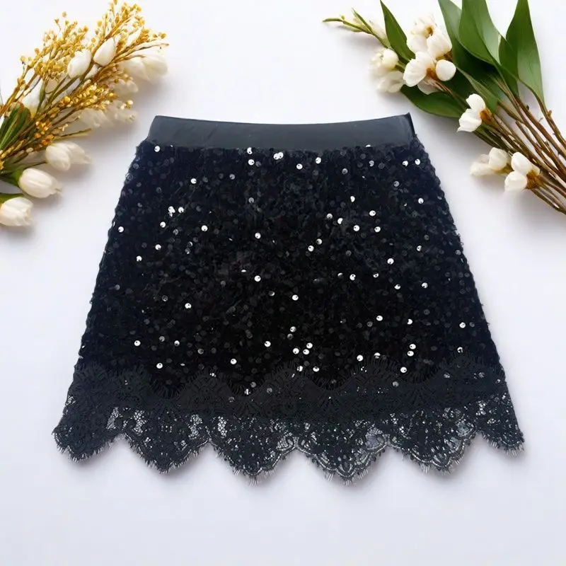 Kids Girls Sequin Lace Skirts 2025 New Fahsion Children Princess Elegant Lace Stitching Skirts Teenage Girl Slim Fit Black Skirt