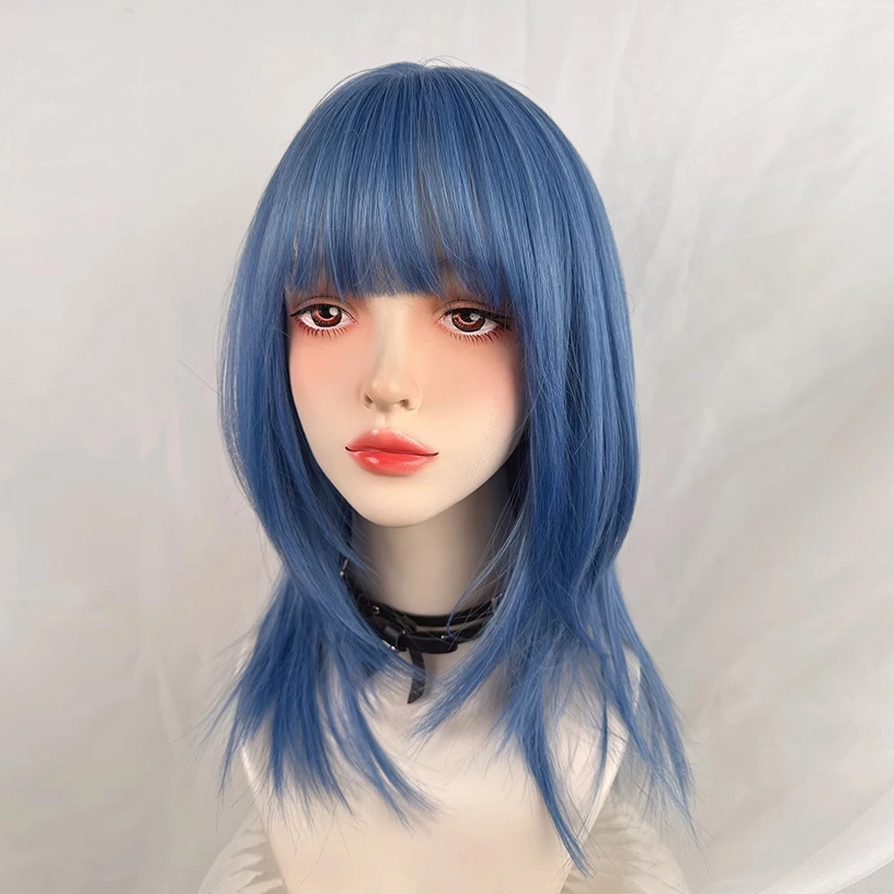 

Синтетические короткие прямые синие парики, термостойкие пушистые женские парики Лолиты для косплея с челкой для повседневной вечеринки