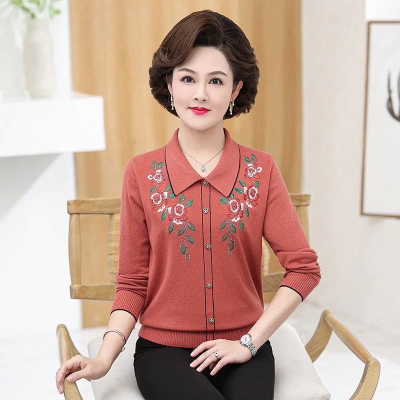 

Lapel Embroidery Women Sweater Pullover Middle-Aged Elderly Mama Thin Knitted Coat 2023 New Spring Autumn Tops T-Shirt Knitwear