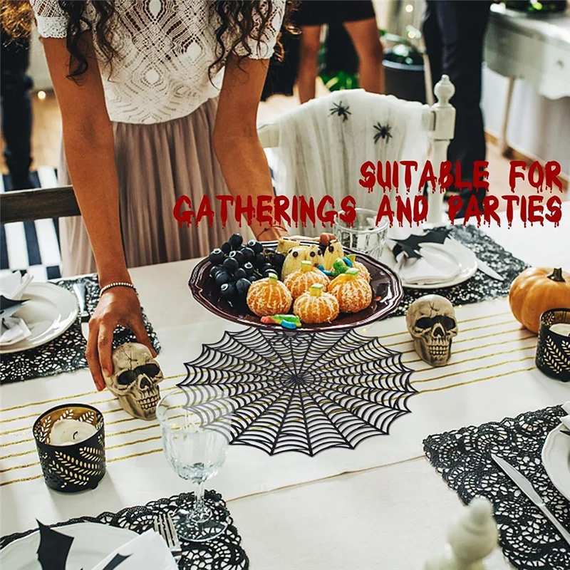 A34R 12Pcs 15Inch Halloween Spider Web Placemats 3.94Inch Cup Mat Halloween Placemats Spider Web Table Mats
