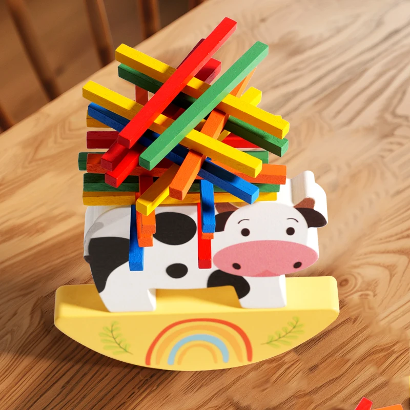 Gioco di blocchi impilabili per animali in legno Giocattolo di equilibrio impilabile per mucche Montessori Giocattoli educativi per l'addestramento motorio fine per bambini