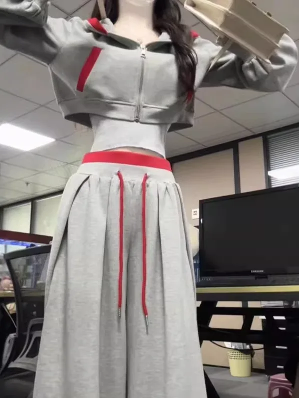 

Korean Sle Lazy Casual Hooded Jaet Wide Leg Pants Two Piece Set Comfortable Breathable Women's Faion Autumn Collection