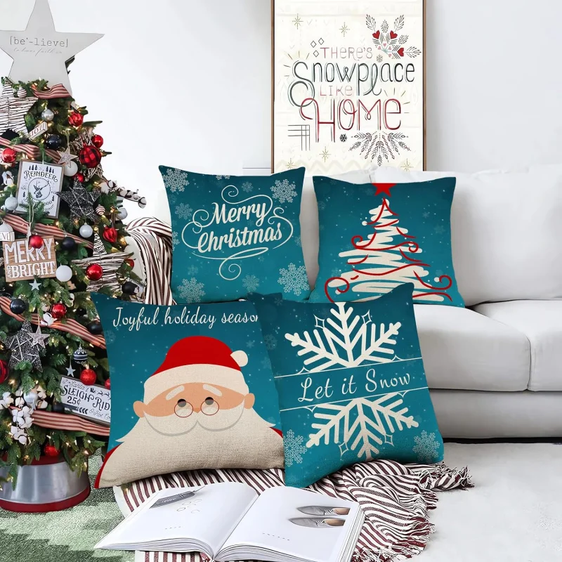 Blue Christmas Decorative Pillow Cover 20x20 Inch Santa Snowflake Cushion Covers Set of 4, Let It Snow Winter Decor