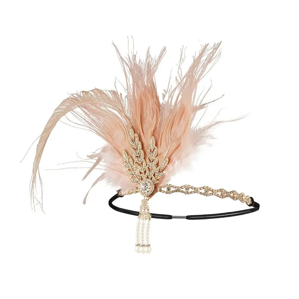 Trendy Elegant Feather Headband 1920s Vintage Cosplay Dress Headwear Makeup Party Diamond Masquerade Hair Band Girls