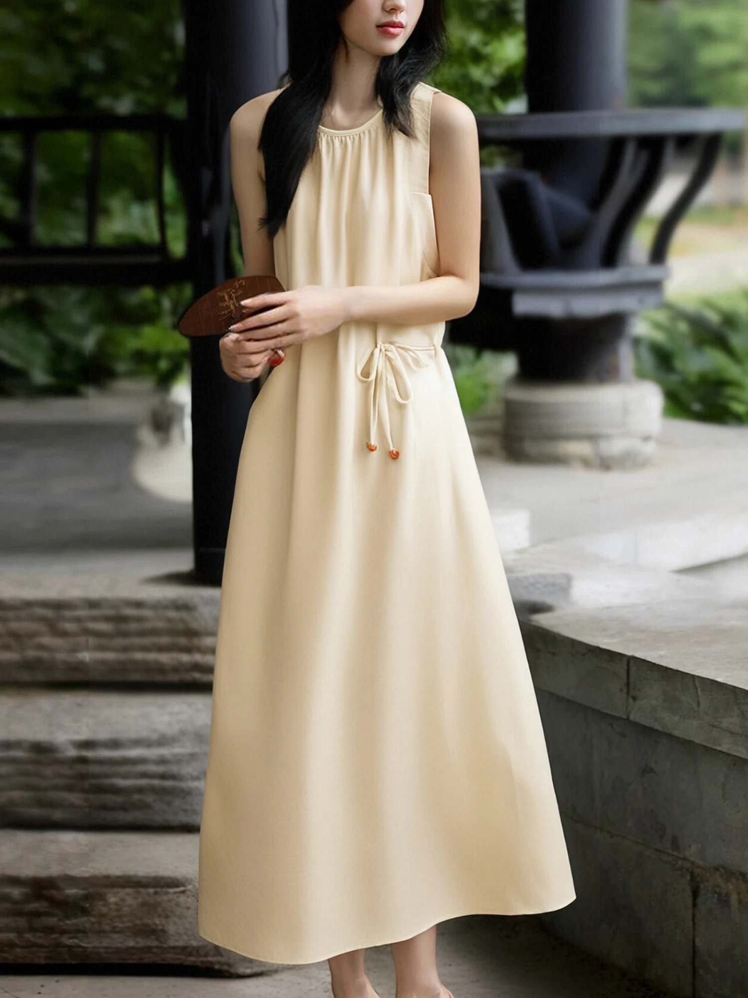 

Chivirin Summer New Women's Svel Vest Dr Beaded Waist Cinching Gown Soft Viscose Blend A-Line Long Dr