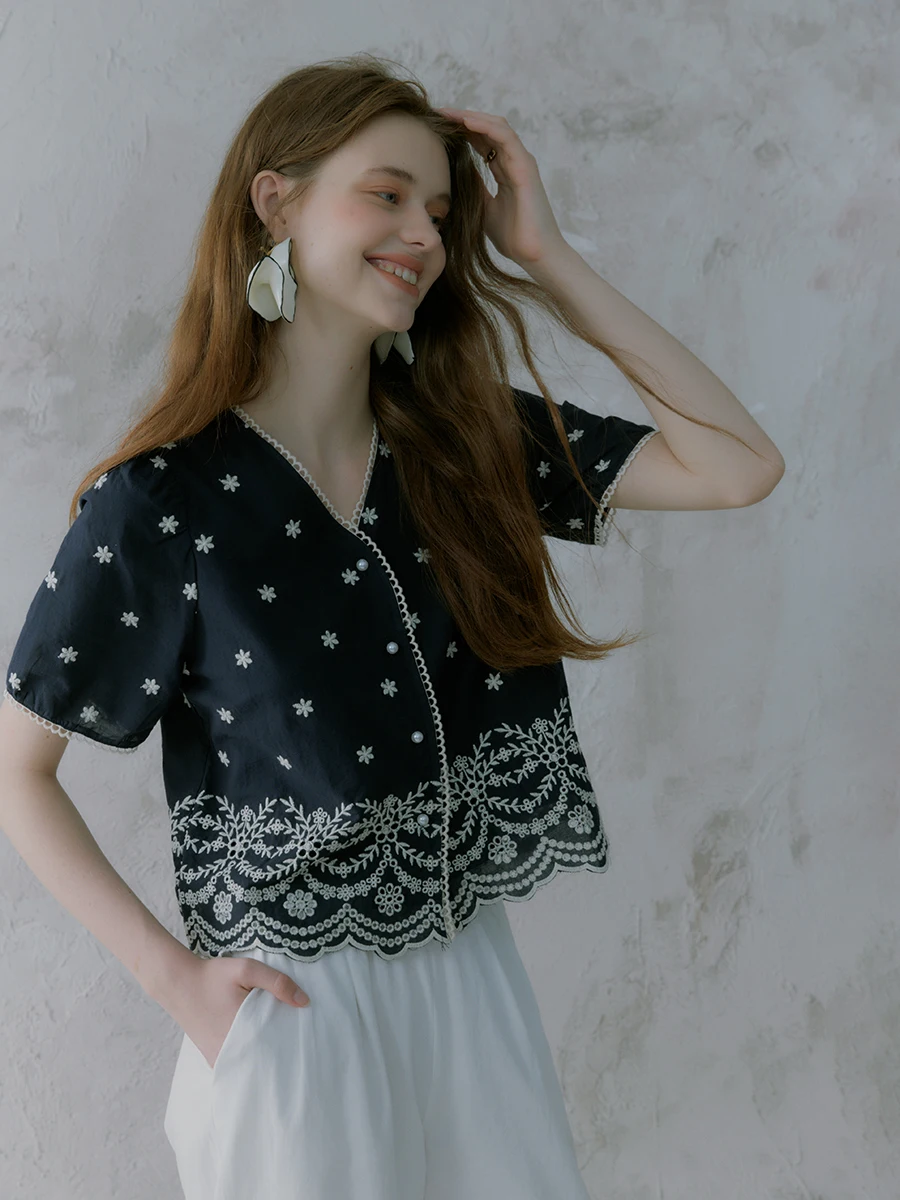 

Ретро-рубашка Oz темно-синего цвета с вышивкой, свободного кроя, с V-образным вырезом, женская летняя блузка во французском стиле из чистого хлопка, дышащая