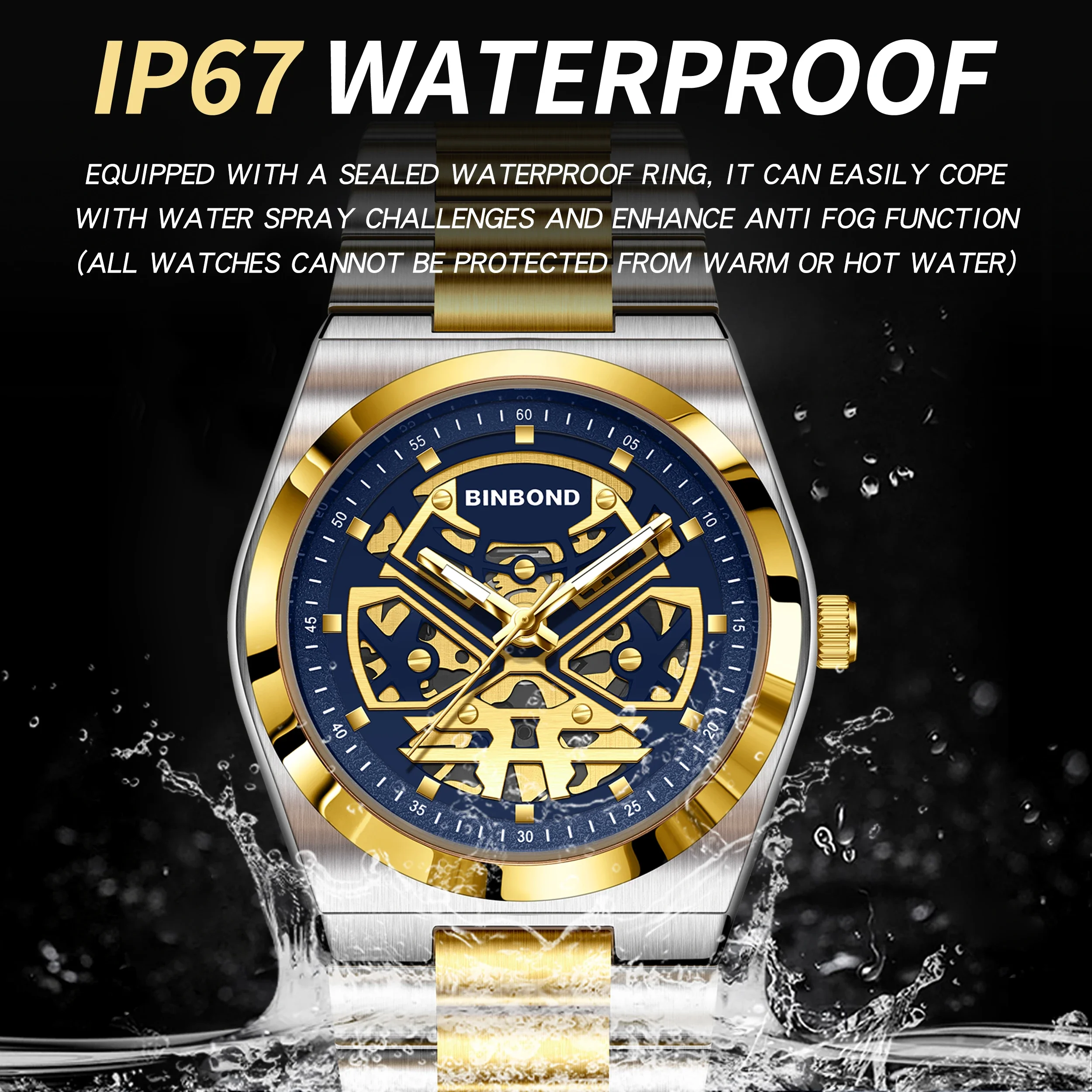 BINBOND العلامة التجارية الفاخرة رجل ساعة اليد مقاوم للماء مضيئة الهيكل العظمي الجوف الرجال الساعات الفولاذ المقاوم للصدأ كوارتز ساعة رجالي الذكور