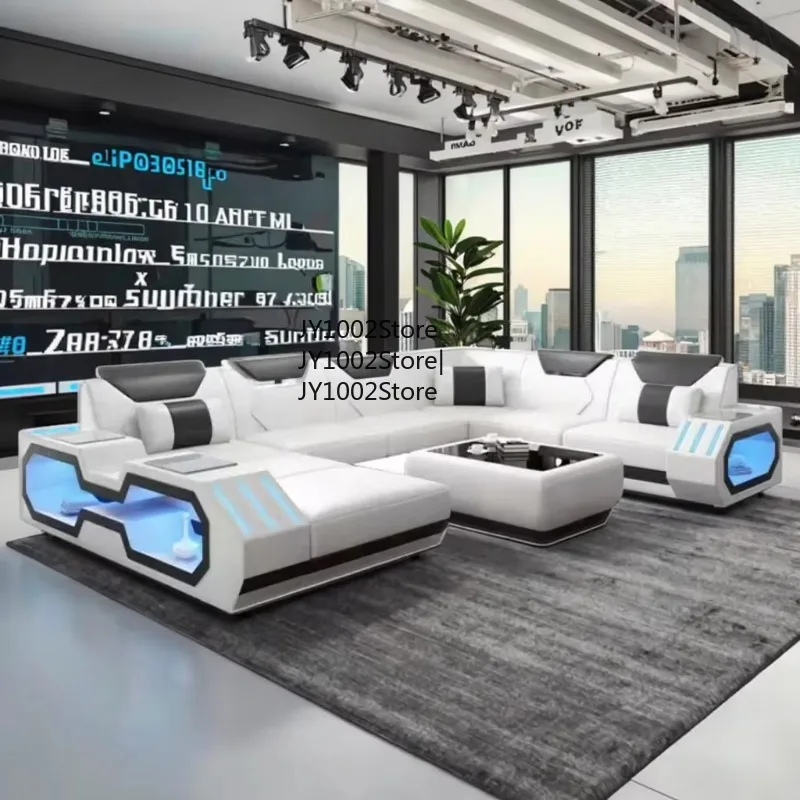 Modern Convertible LED Leather Sofa Set for Living Room & School Multifunctional with USB Music Speaker