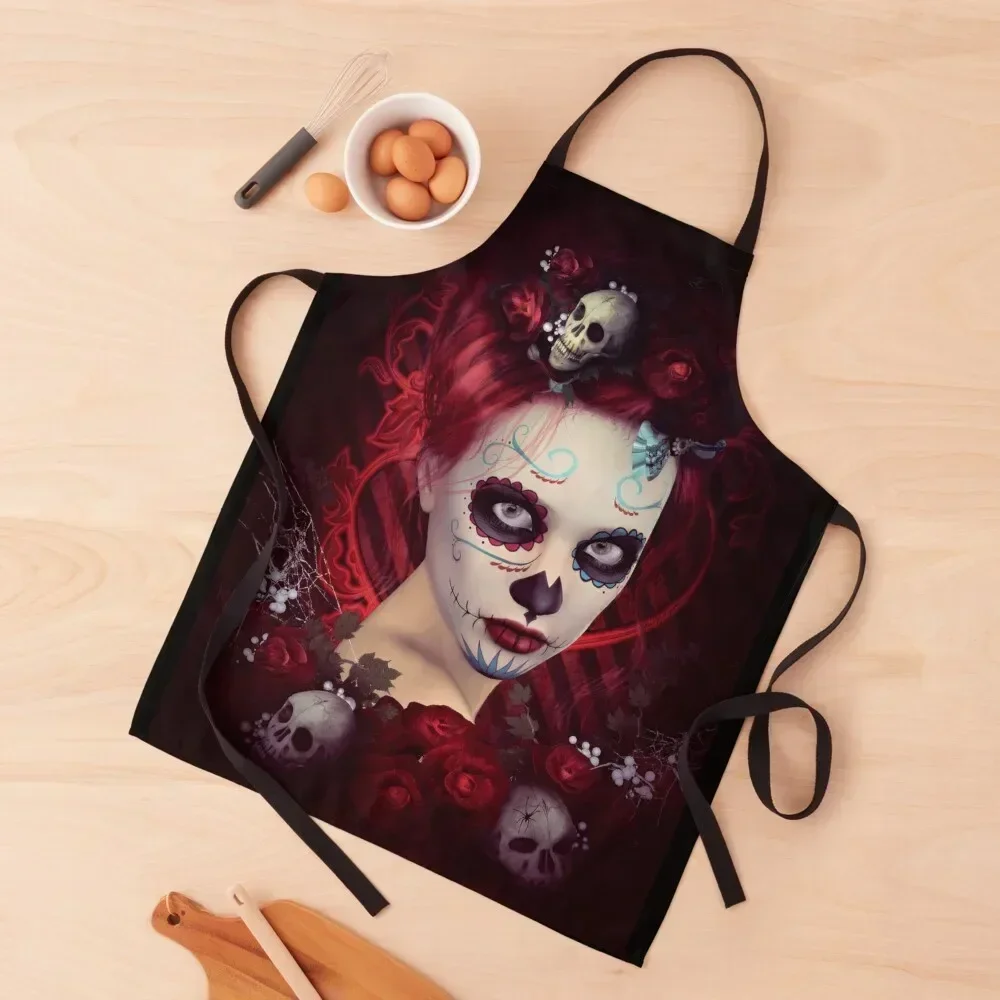 Sugar Doll Red Dia De Muertos Apron Chef Uniform for women with pocket Smock for hairdressing Apron