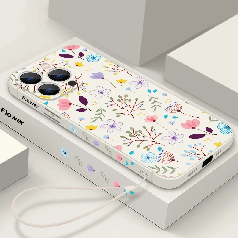 Luxury Small Flower Buds Lanyard Case For iPhone 15 Pro Max Coque iPhone 11 12 13 14 Pro Max 16 SE 2 2022 Soft Silicone Cover