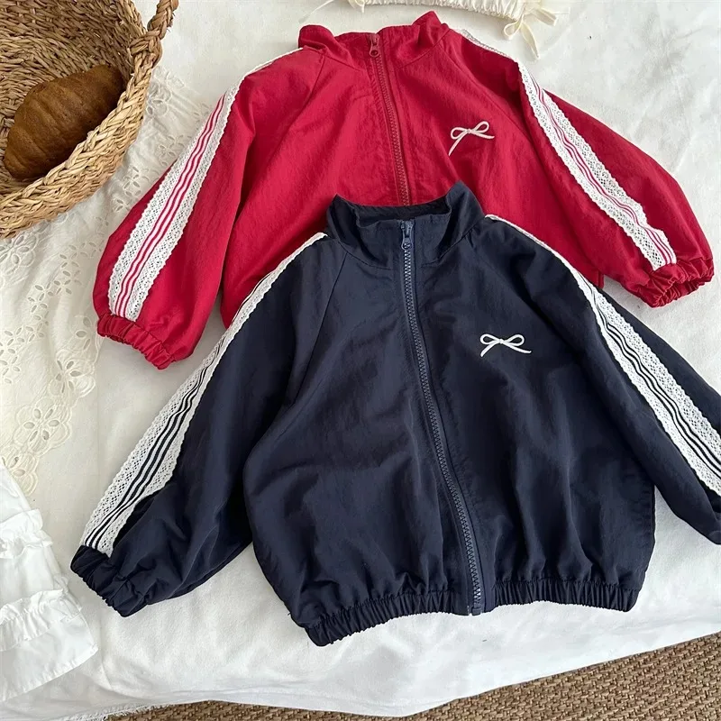 

Children Coat 2025 Autumn New Lace Korean Girl's Leisure Sports Wind Coat Bow Embroidered Long Sleeve Jackets