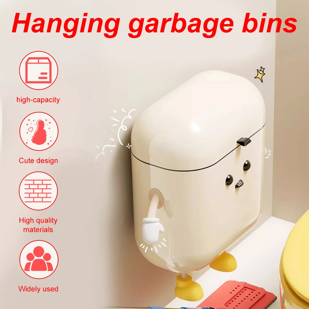 Cute Hanging Trash Can with Lid Wall Mounted 12L Large Capacity Garbage Can Plastic Trash Bin for Kitchen Bathroom Toilet