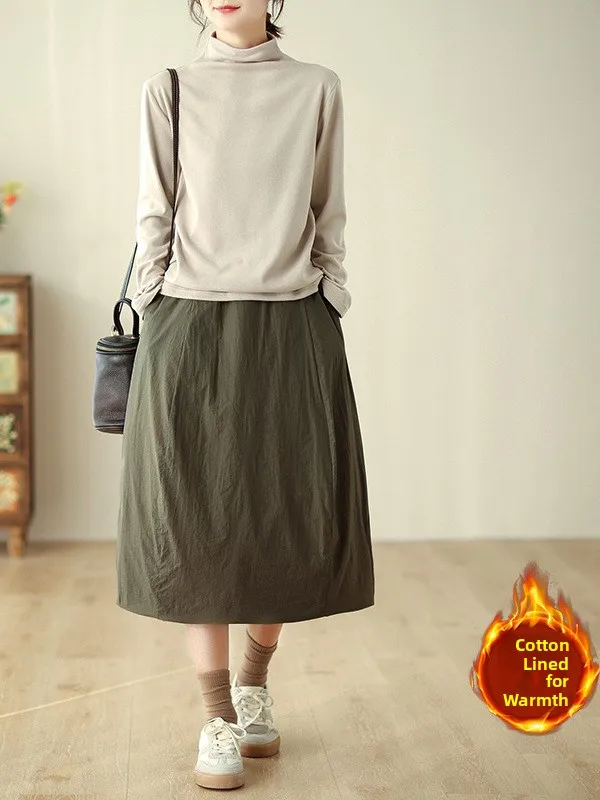 레트로 심플 코튼 안감 A라인 미디 스커트 플러스 사이즈 따뜻한 패셔너블 여성 의류 겨울 2025 신상 캐주얼 솔리드 컬러