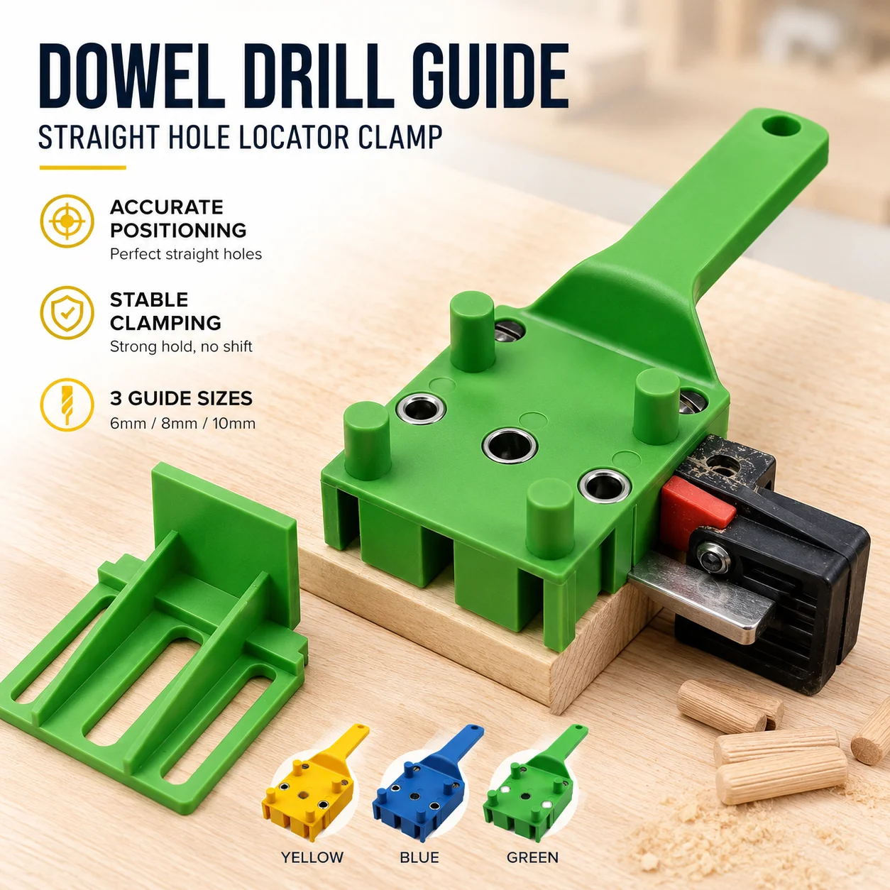 Woodworking Dowel Handheld Drill Guide, Straight Hole Locator Clamp, 6/8/10mm Drill Bit, Carpentry Wood Drilling Tool