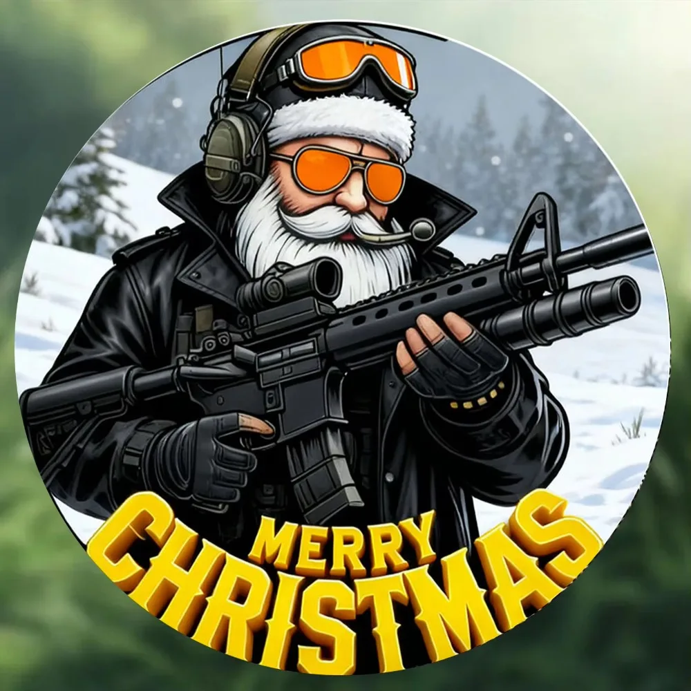 CIFBUY Round Aluminum Wall Art Tactical Santa Merry Christmas Waterproof Rustproof Metal Decor for Home Bar Indoor Outdoor