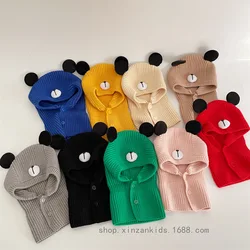 48-52cm Child Knitted Cap Winter Cute Cartoon Bear Candy Colour Baby  Warm Hat One Neck Balaclava Caps Hot