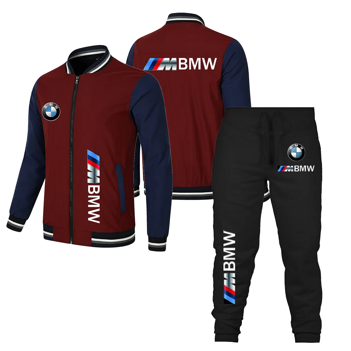 BMW 2025 New Baseball Suit Set Jacket+[ants Combination Color Blocked Motorcycle Jacket BMW 2D Printed Fashionable Riding Jacket