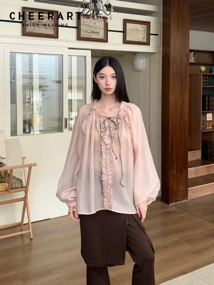 

CHEERART Fall 2025 Fashion Woman Ruffle Lantern Sleeve Sheer Blouse Women V Neck Bandage Oversize Top Designer Fashion Clothes
